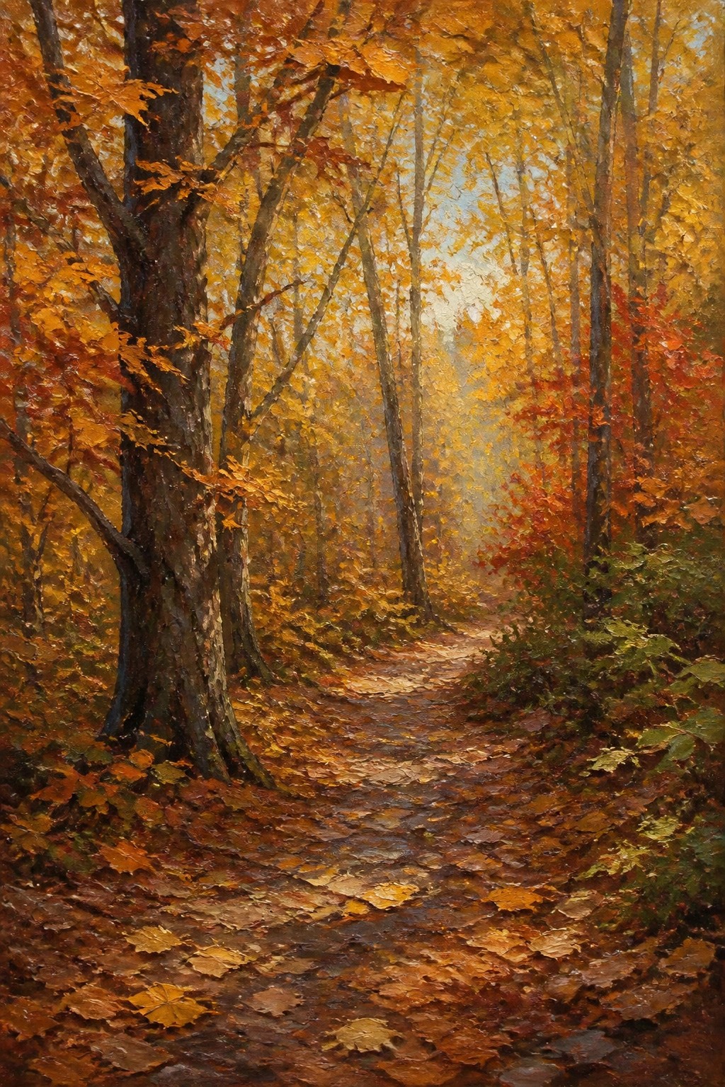 Winding leaf-covered path through sunlit autumn forest with vibrant orange trees