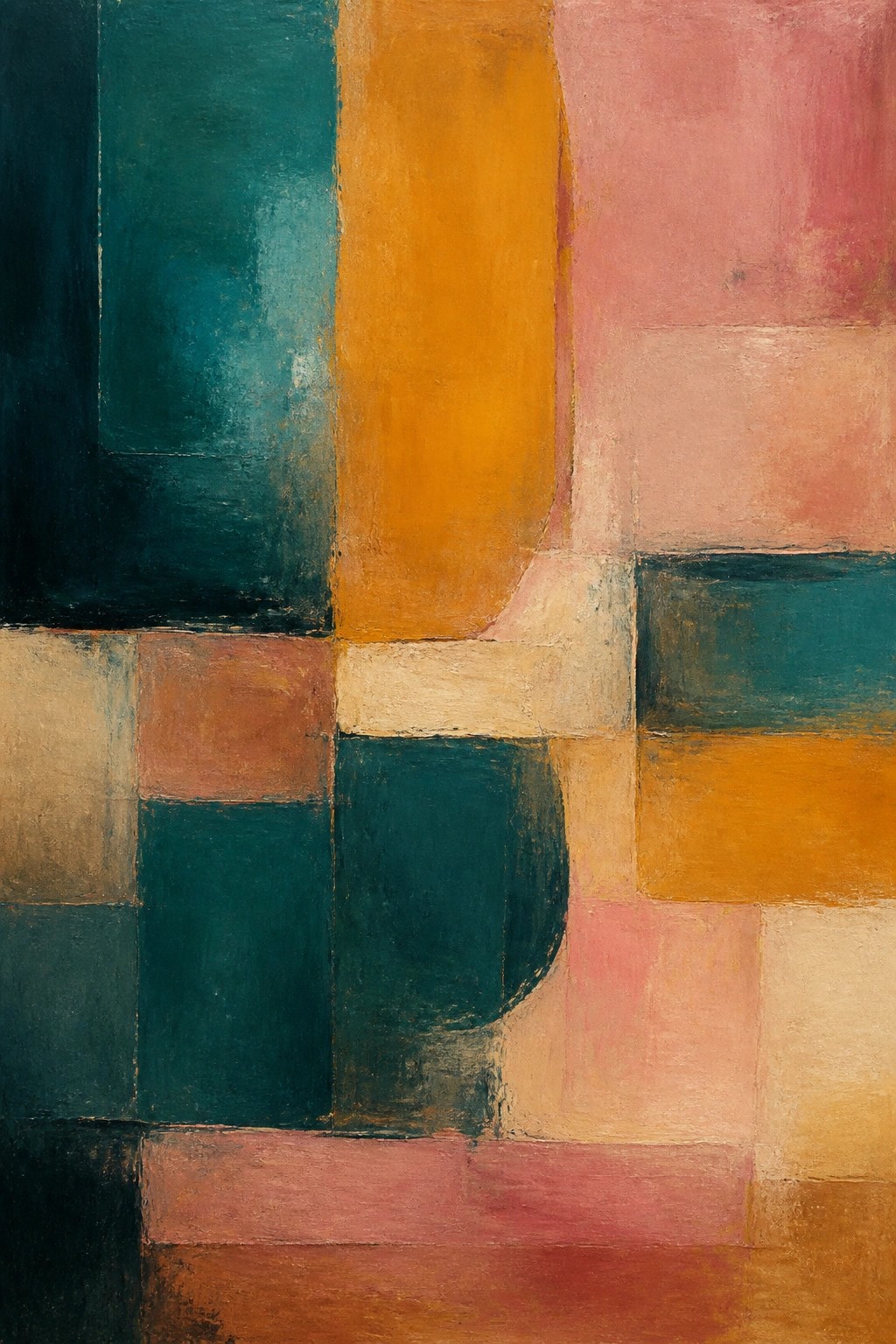 Abstract geometric painting with teal, orange, pink, and brown color blocks.