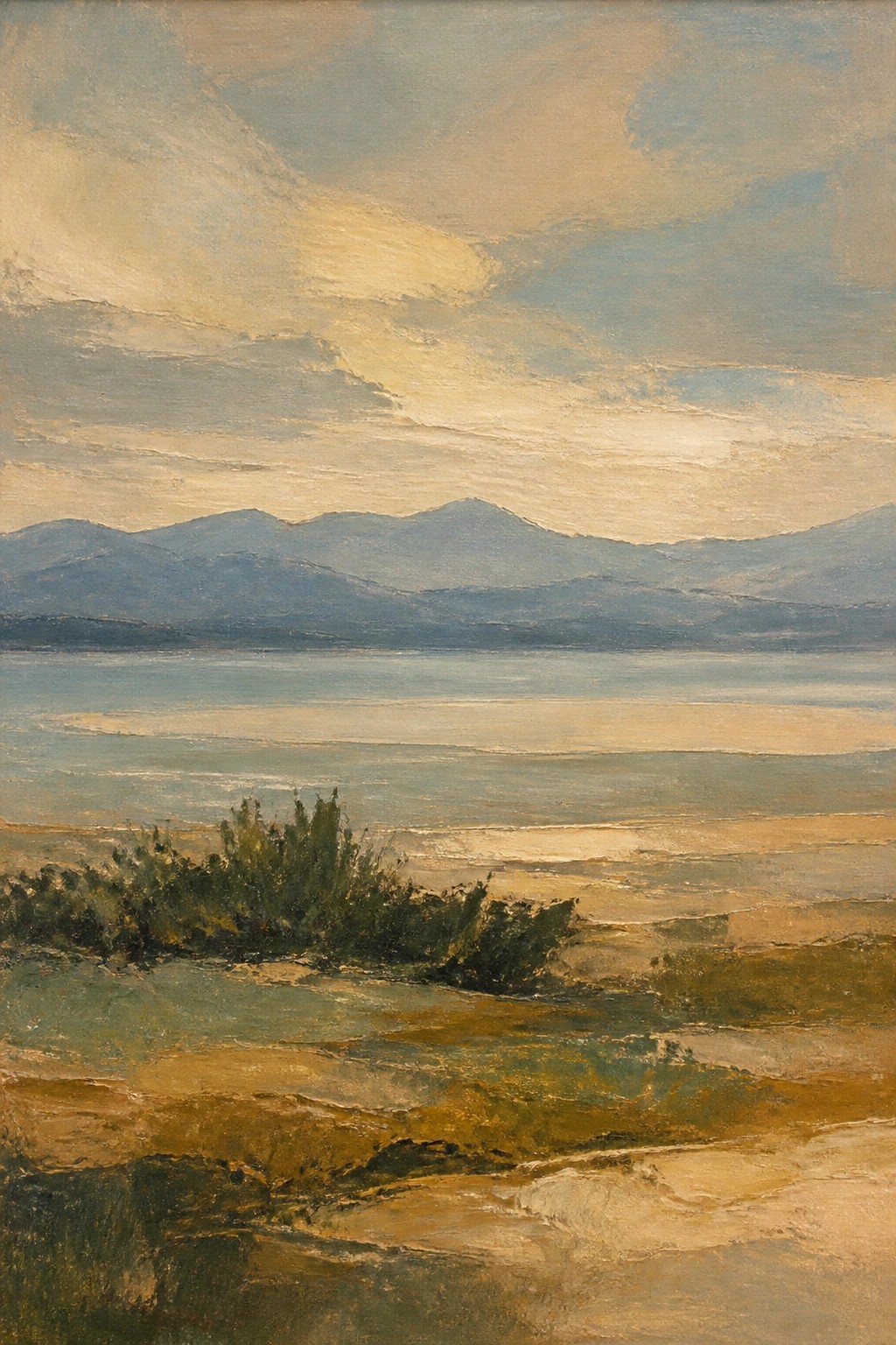 Serene landscape painting of a calm lake with distant mountains and foreground shrubs