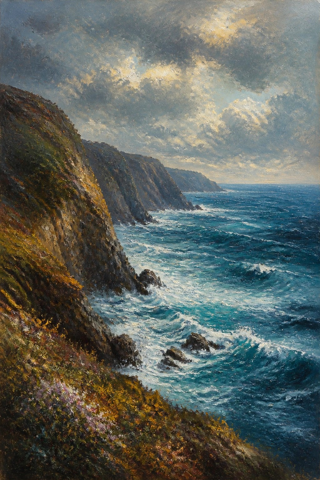 An oil painting of steep rocky cliffs along a blue ocean with white waves under a cloudy sky.