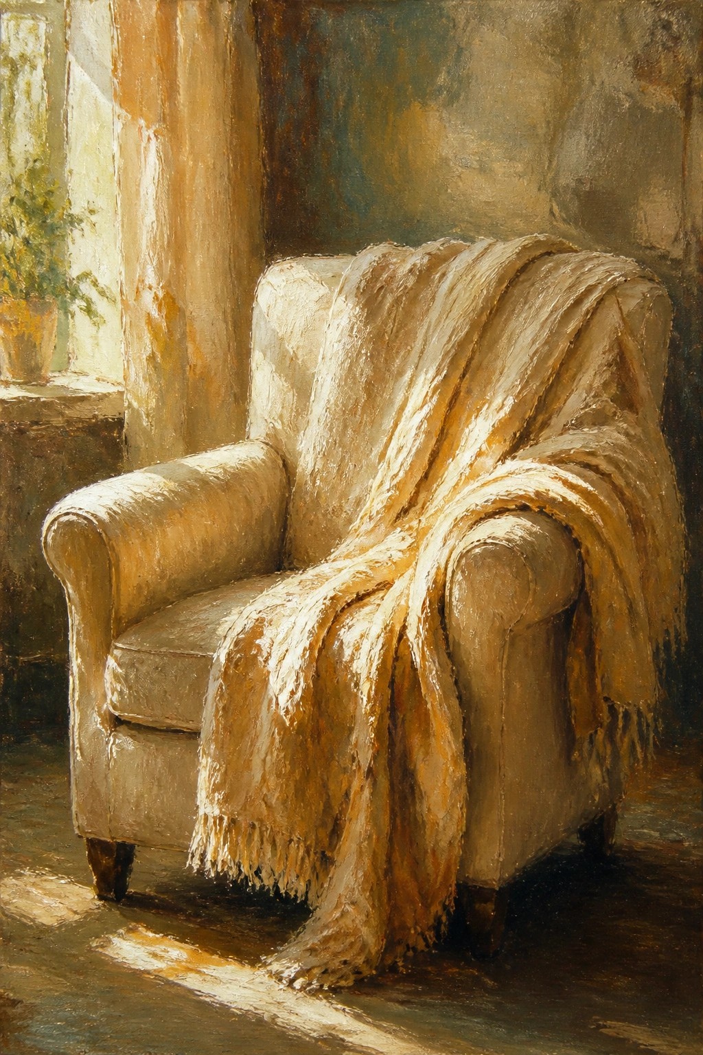Sunlit beige armchair draped with golden fringed throw in rustic interior