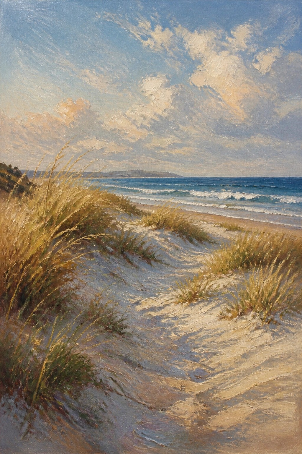 An oil painting of a sandy beach path through dunes with tall grass leading to the blue ocean under a cloudy sky.