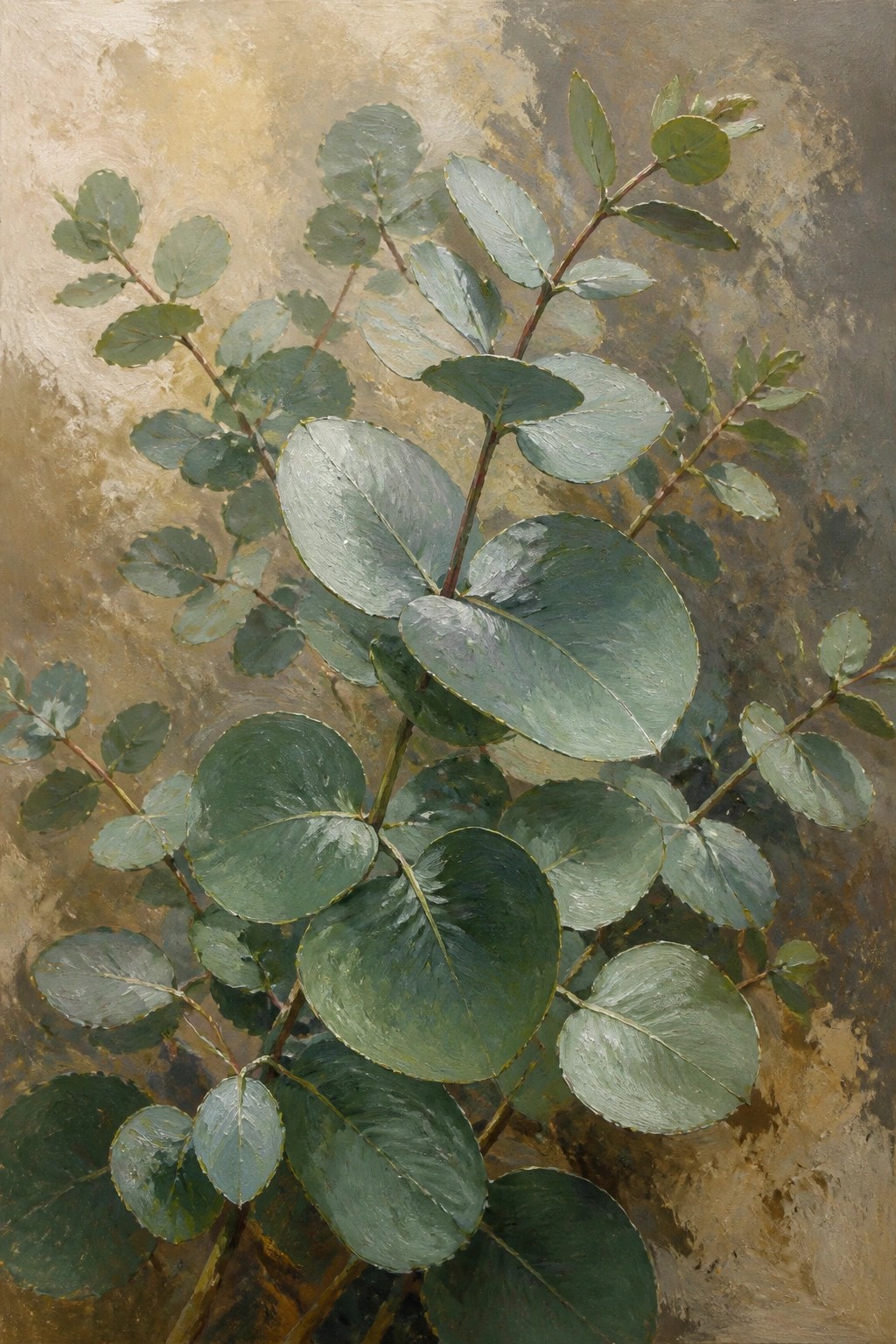 Eucalyptus branches with round blue-green leaves on a textured earthy background