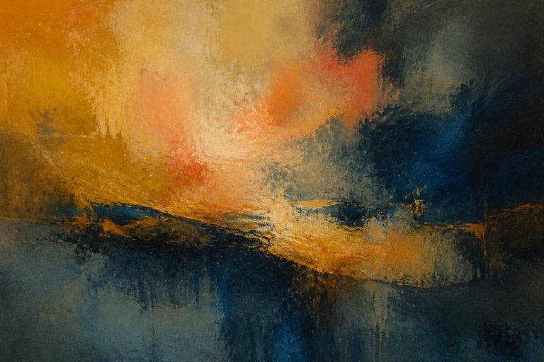 Abstract painting with vibrant orange, red, and deep blue swirling brushstrokes.