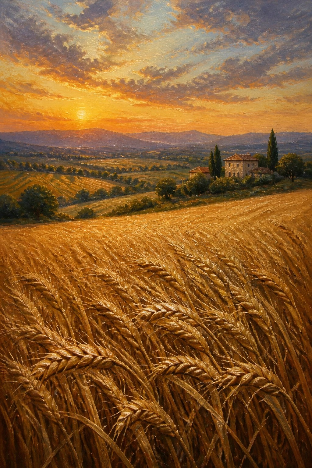 An oil painting of a golden wheat field in the foreground with a farmhouse, cypress trees, rolling hills, and a sunset sky in the background.