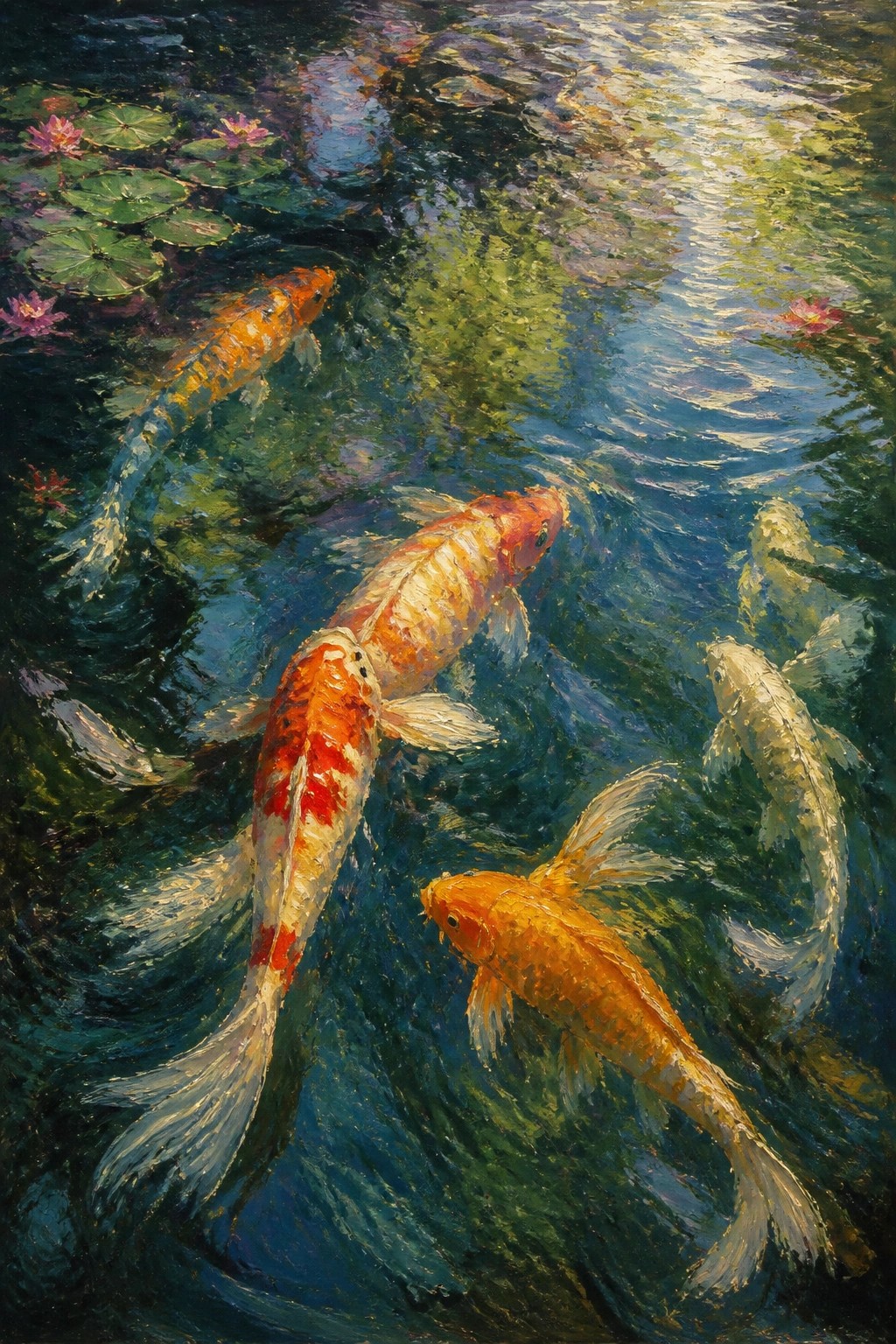 Vibrant koi fish swimming in a sunlit pond with water lilies