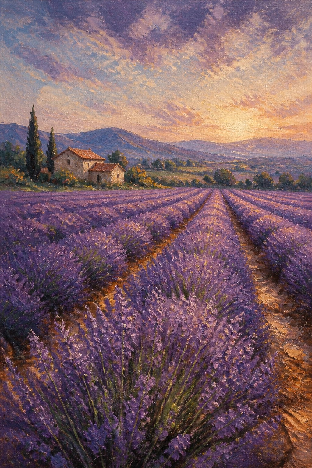 Lavender rows lead to stone house with cypress trees and mountains under vibrant sunset sky