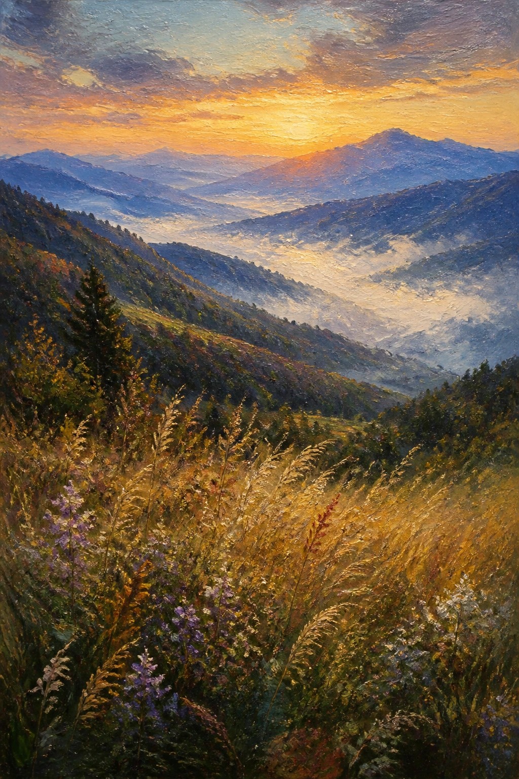 Golden sunset over misty mountains with colorful wildflowers and autumn foliage