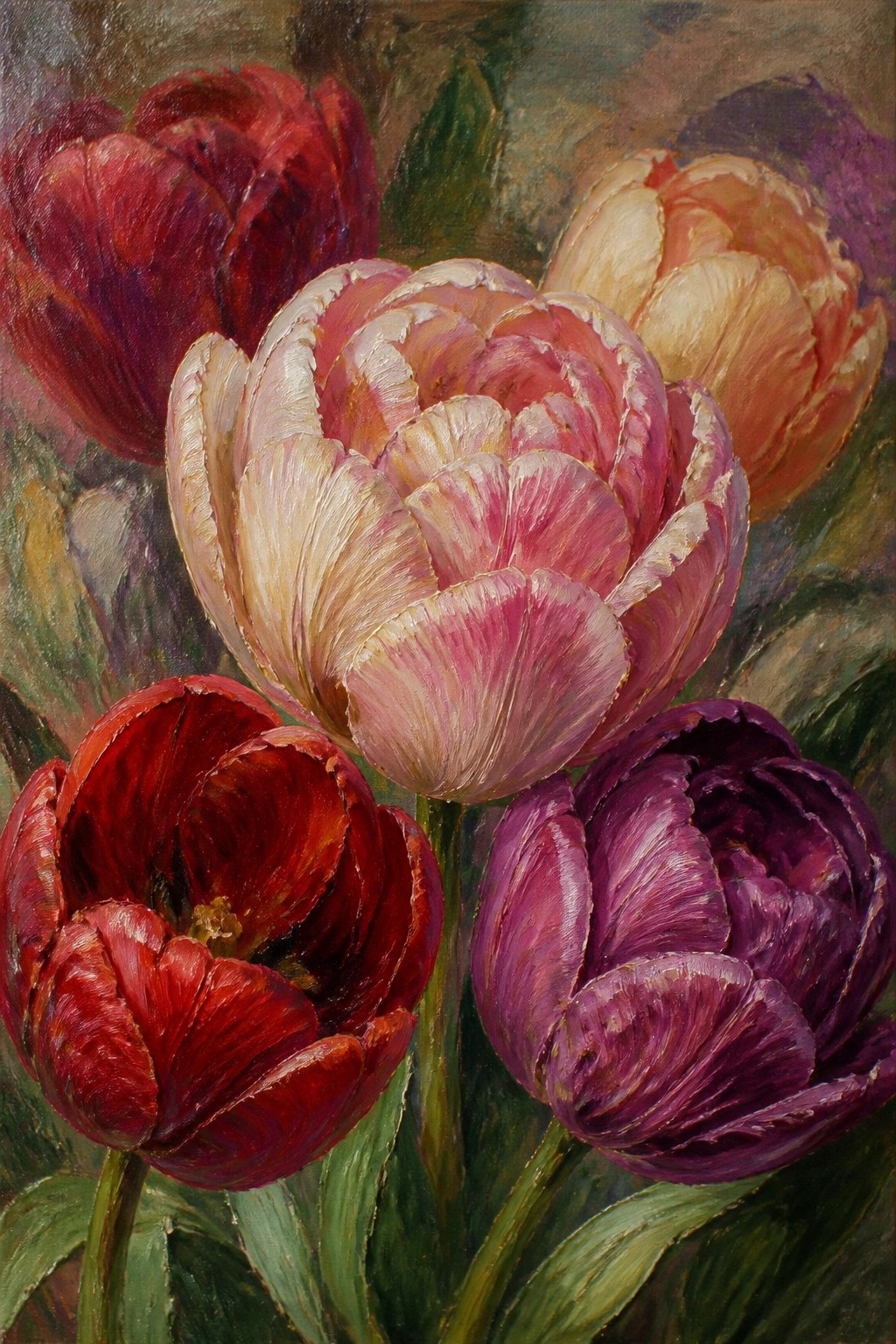 Oil painting of blooming tulips in red, pink, purple, and orange hues