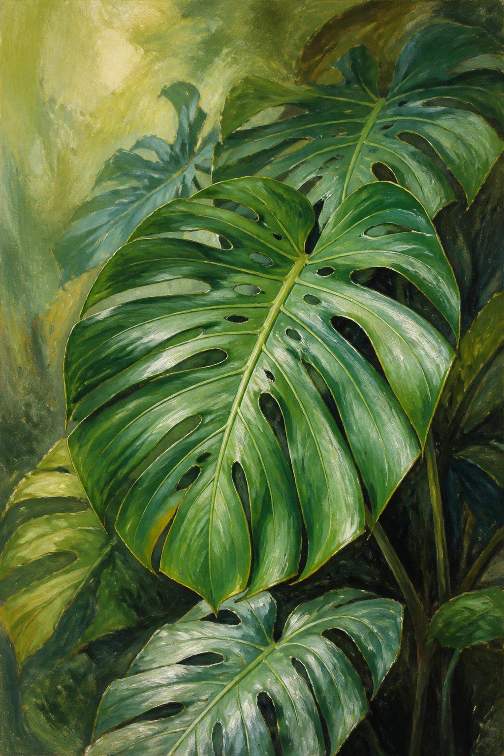 Vivid green Monstera leaves with holes in a lush painterly jungle scene