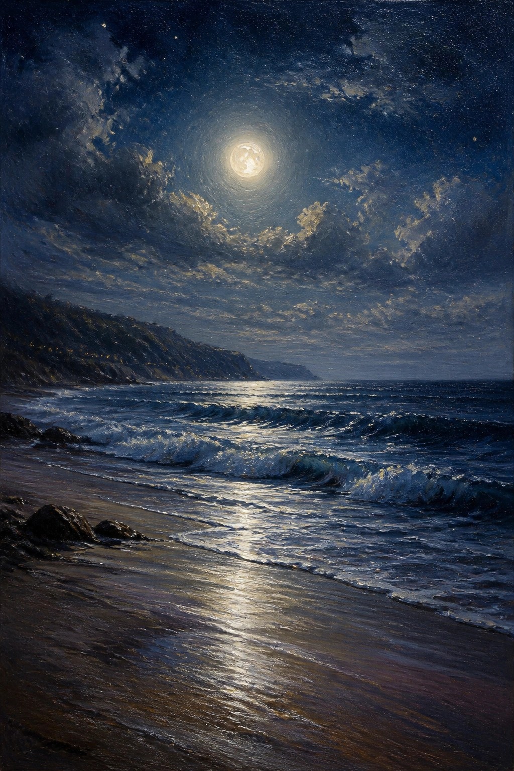 Full moon over crashing waves on sandy beach beside dark cliffs under starry sky