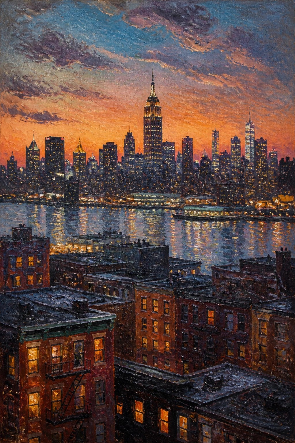 Impressionistic oil painting of NYC skyline at sunset with Empire State Building and river reflections.