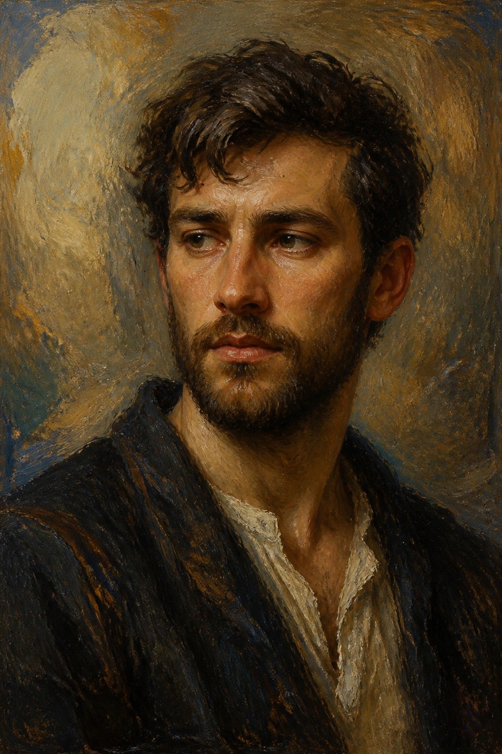 Oil portrait of a bearded man with curly dark hair in a blue shirt.