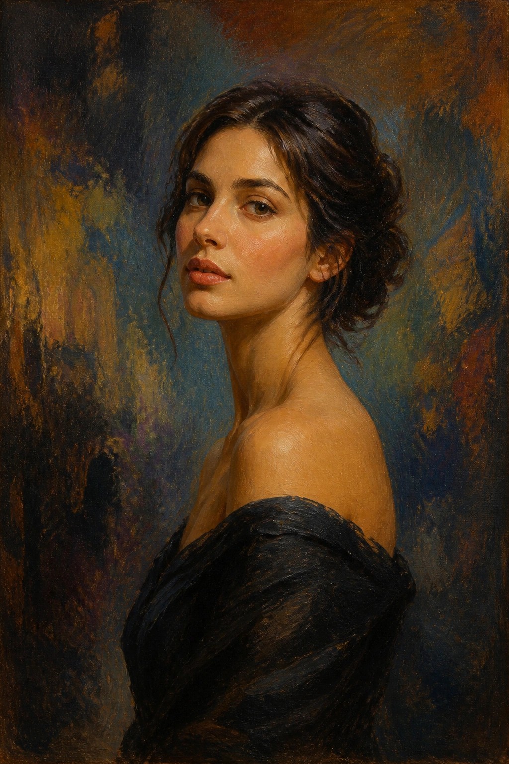Woman with dark hair in black off-shoulder top gazes over shoulder in oil painting