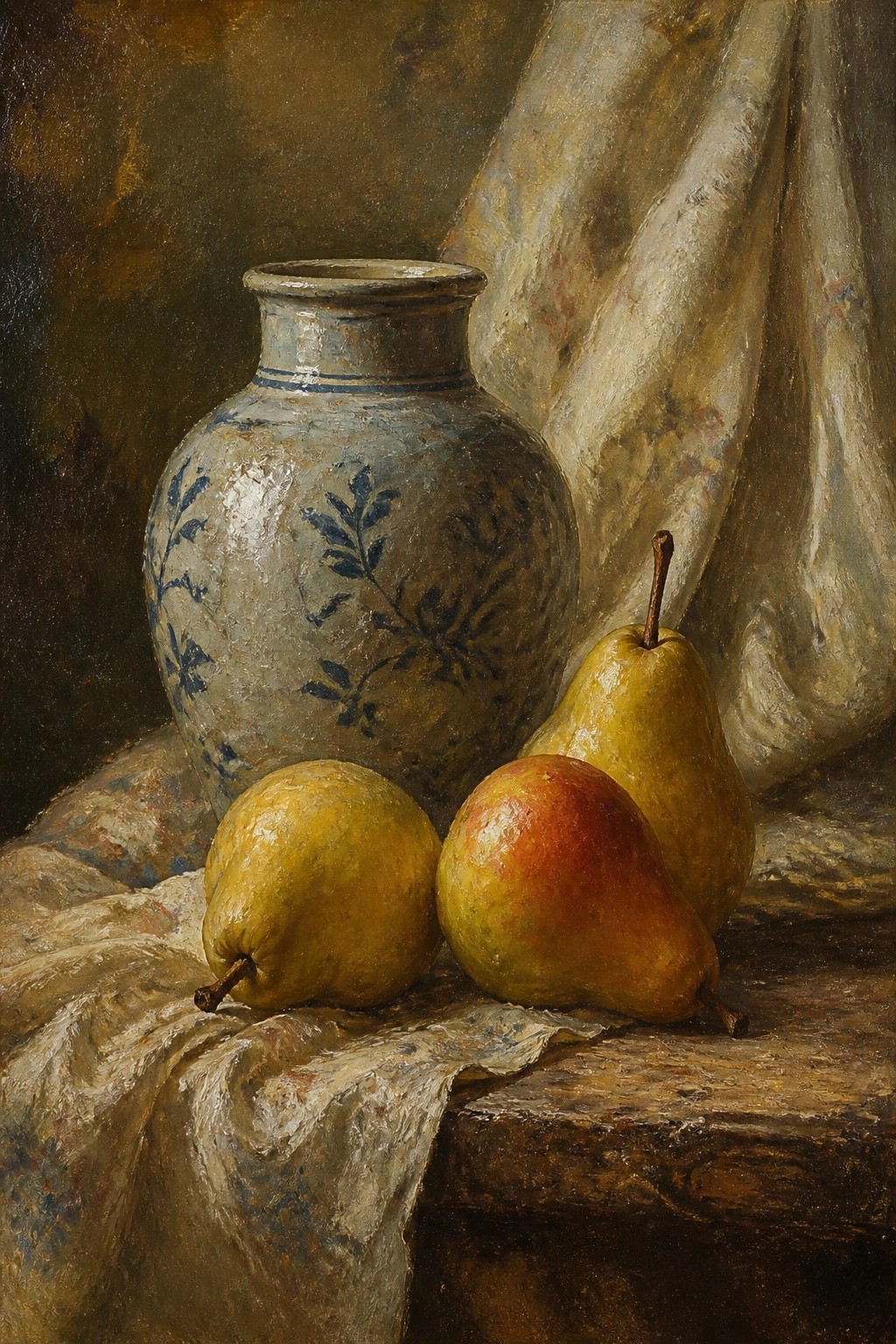Antique blue vase beside three pears on patterned fabric with draped curtain