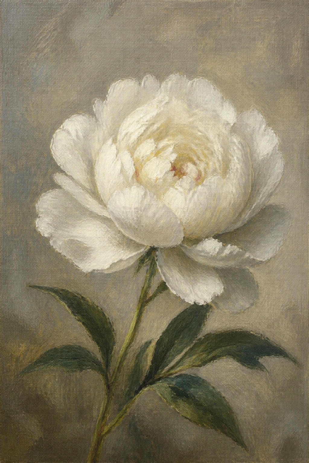 White peony with layered petals and green leaves on a slender stem.