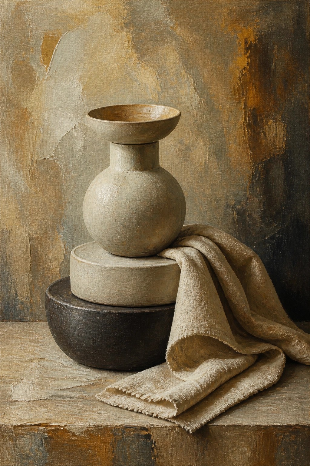 Stacked earthenware vessels with draped linen on textured wooden surface