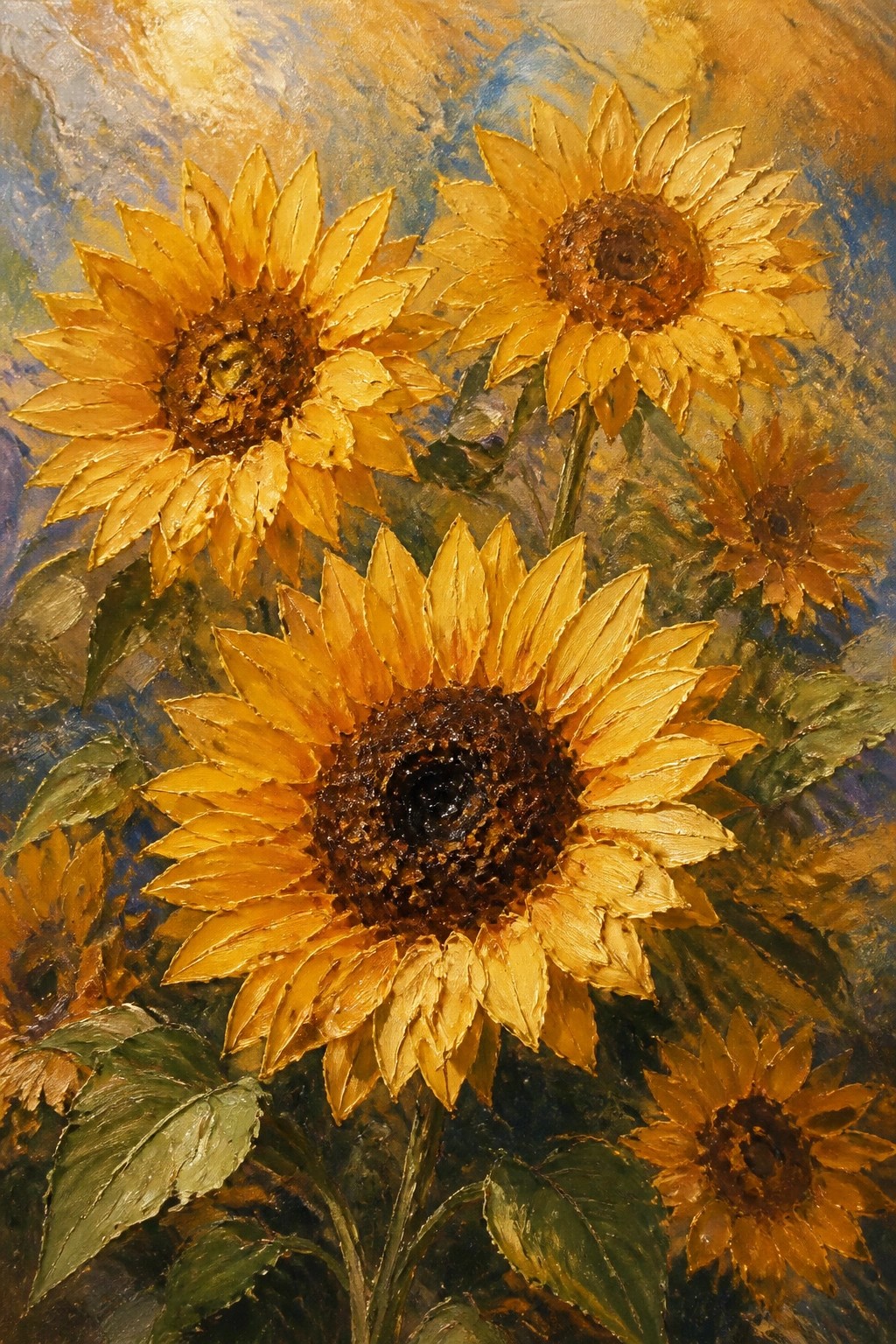 Impasto oil painting of vibrant sunflowers with golden petals and brown centers.