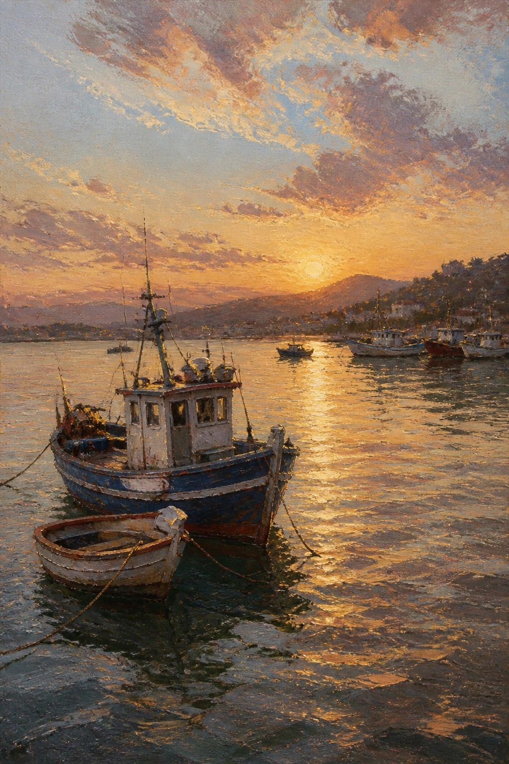 Blue fishing boat with small rowboat moored in golden sunset harbor