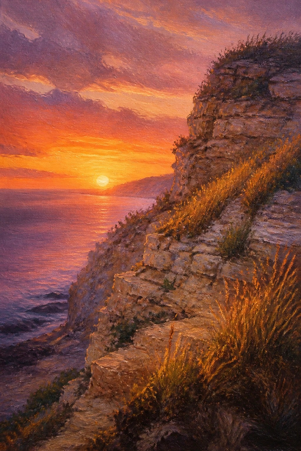 Sunset over ocean from steep rocky cliff with glowing golden grass.