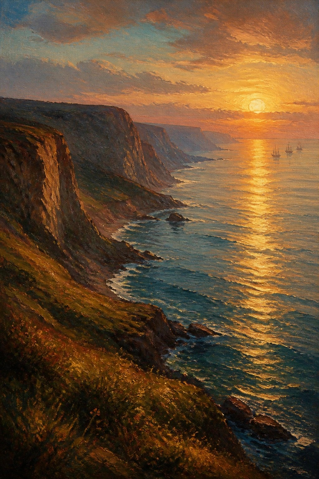 Sunset over rugged cliffs with golden reflections on waves and distant sailing ships