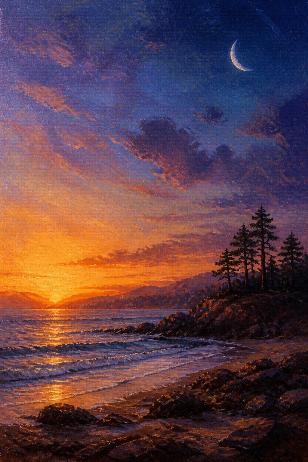 Twilight seascape painting with crescent moon, glowing sunset, waves, and pine trees