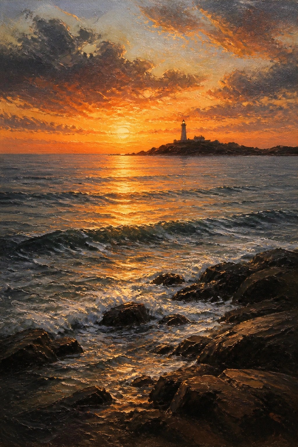 Dramatic sunset painting with lighthouse, orange sky, golden waves, and rocky shore.
