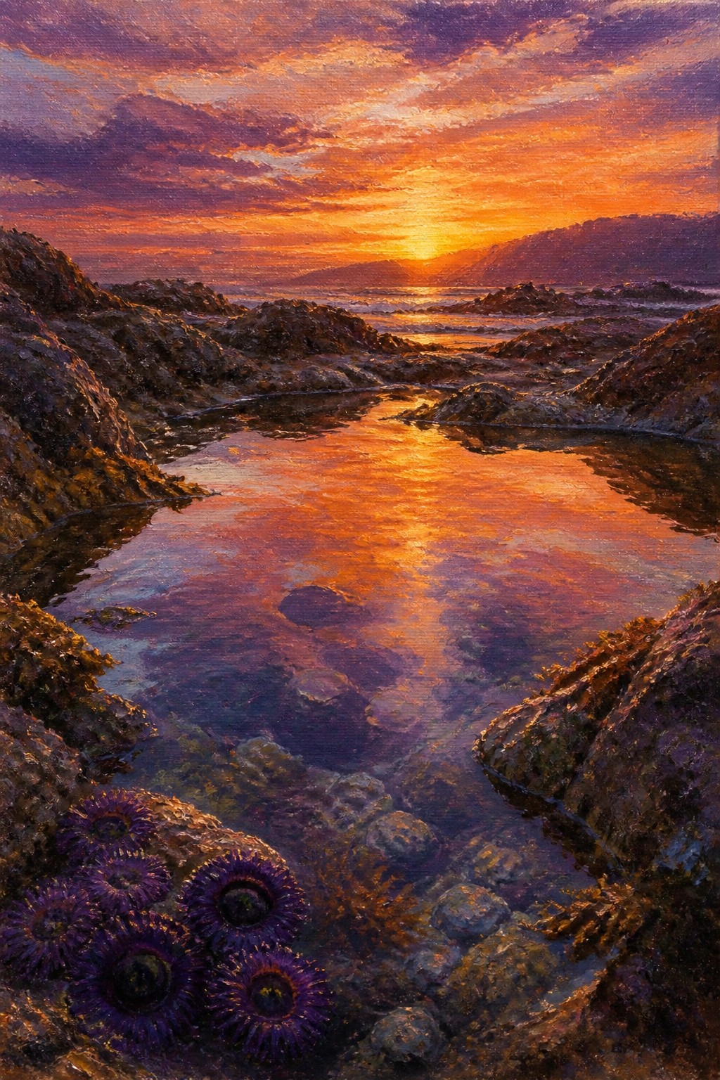 Vibrant sunset painting over rocky tide pools with purple anemones reflecting golden light.