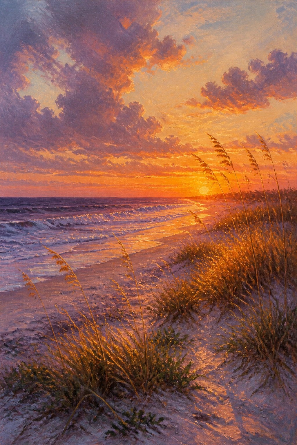Vivid sunset over ocean waves with golden sand dunes and swaying sea oats