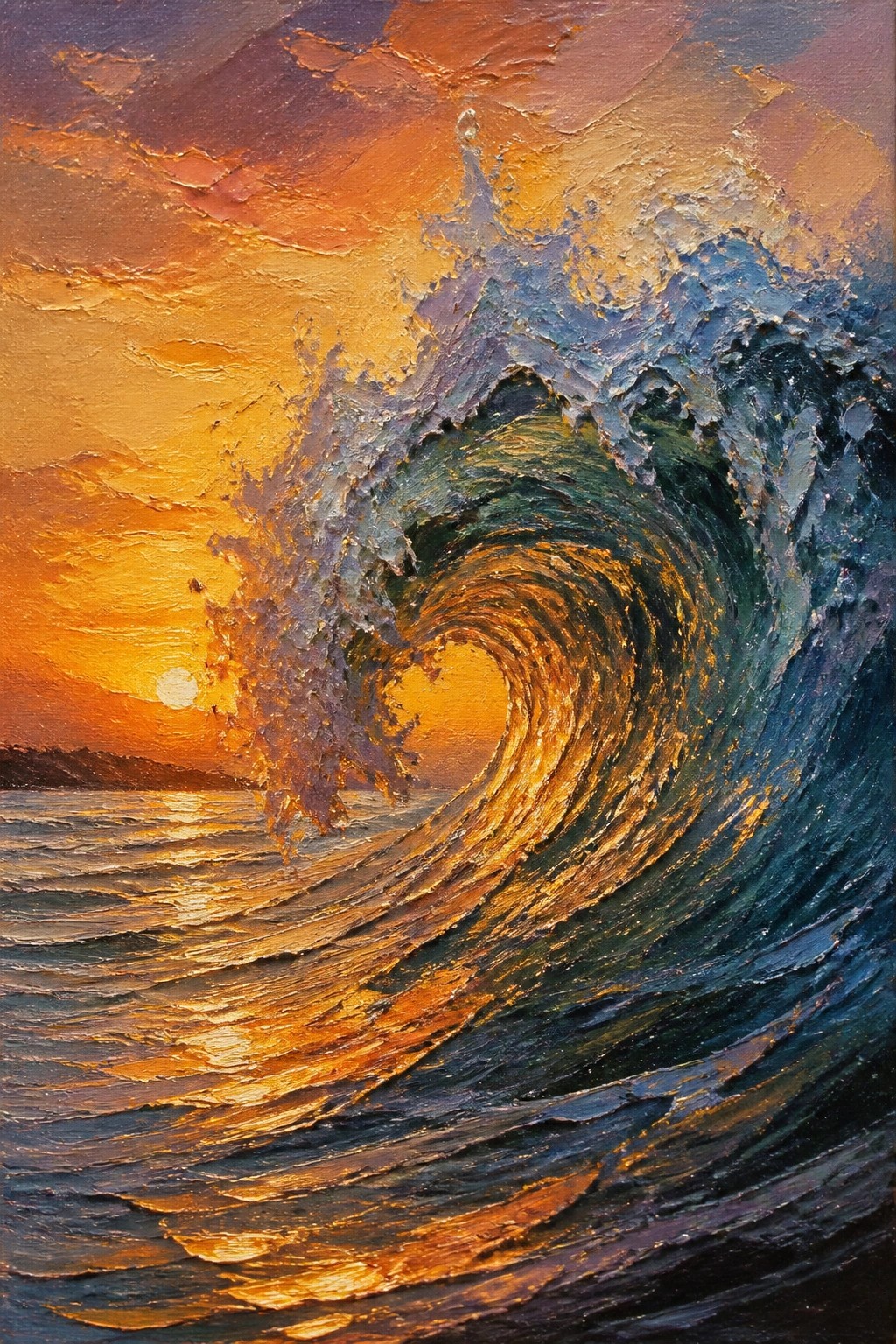 Vibrant impasto painting of a massive curling wave at fiery sunset.