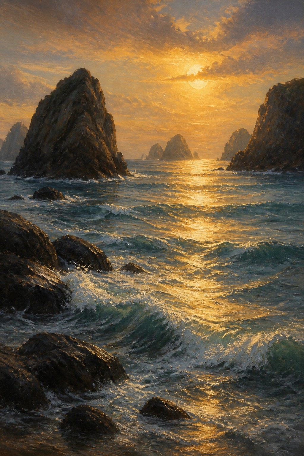 Golden sunset over crashing waves and jagged rocky sea stacks at dusk