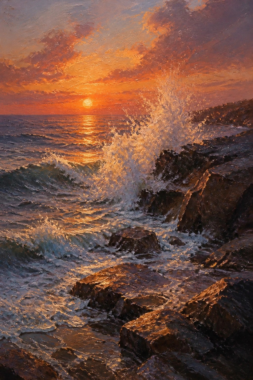 An oil painting of a vibrant orange sunset over the ocean with waves crashing against dark rocks on the shore, sending up white spray.