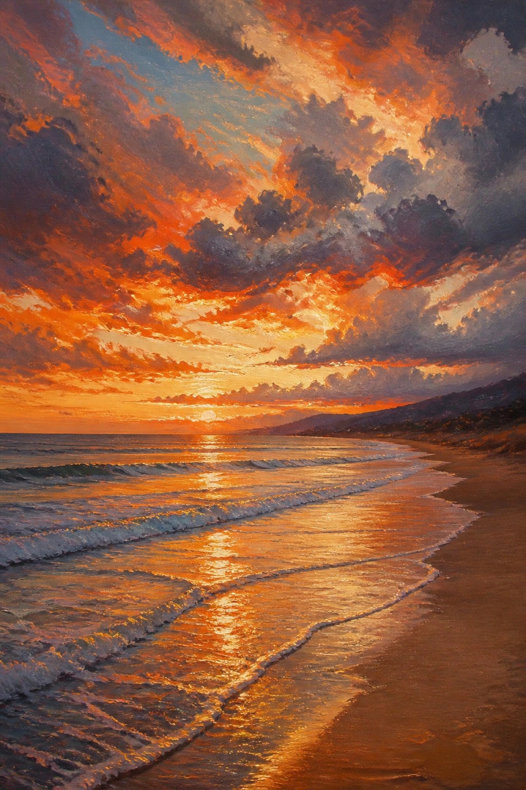 Dramatic fiery sunset with orange clouds reflecting on ocean waves along sandy shore