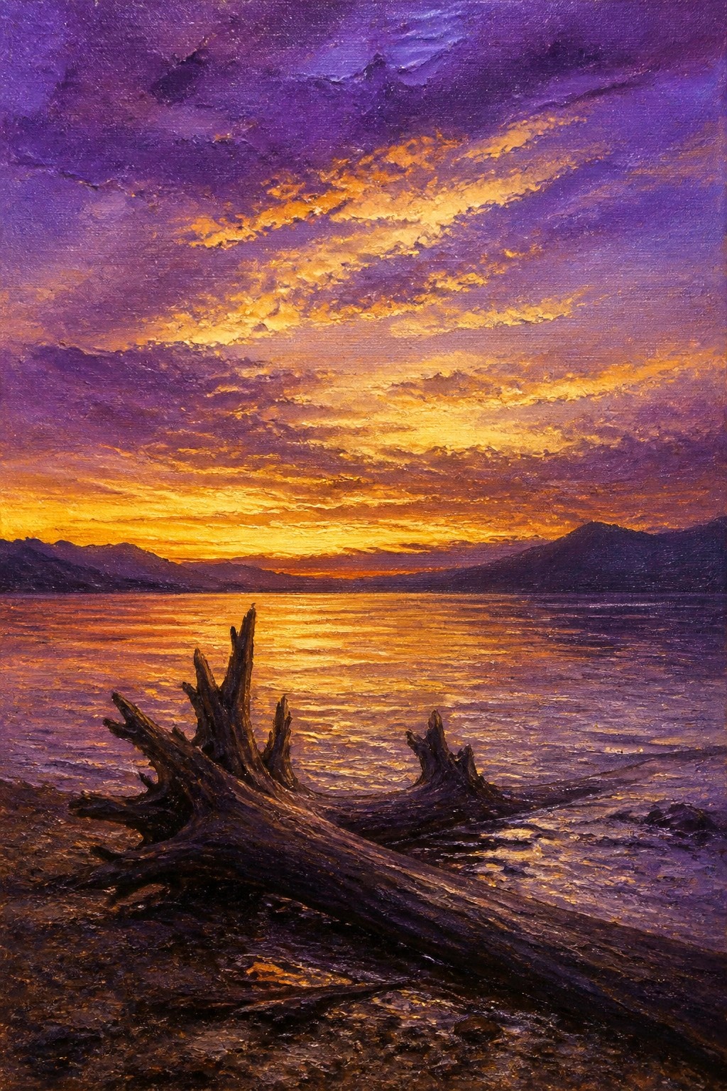 Dramatic purple-orange sunset over reflective water with driftwood and distant mountains.