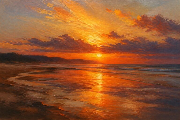 Dramatic ocean sunset with vibrant orange clouds and golden reflections on wet sand.