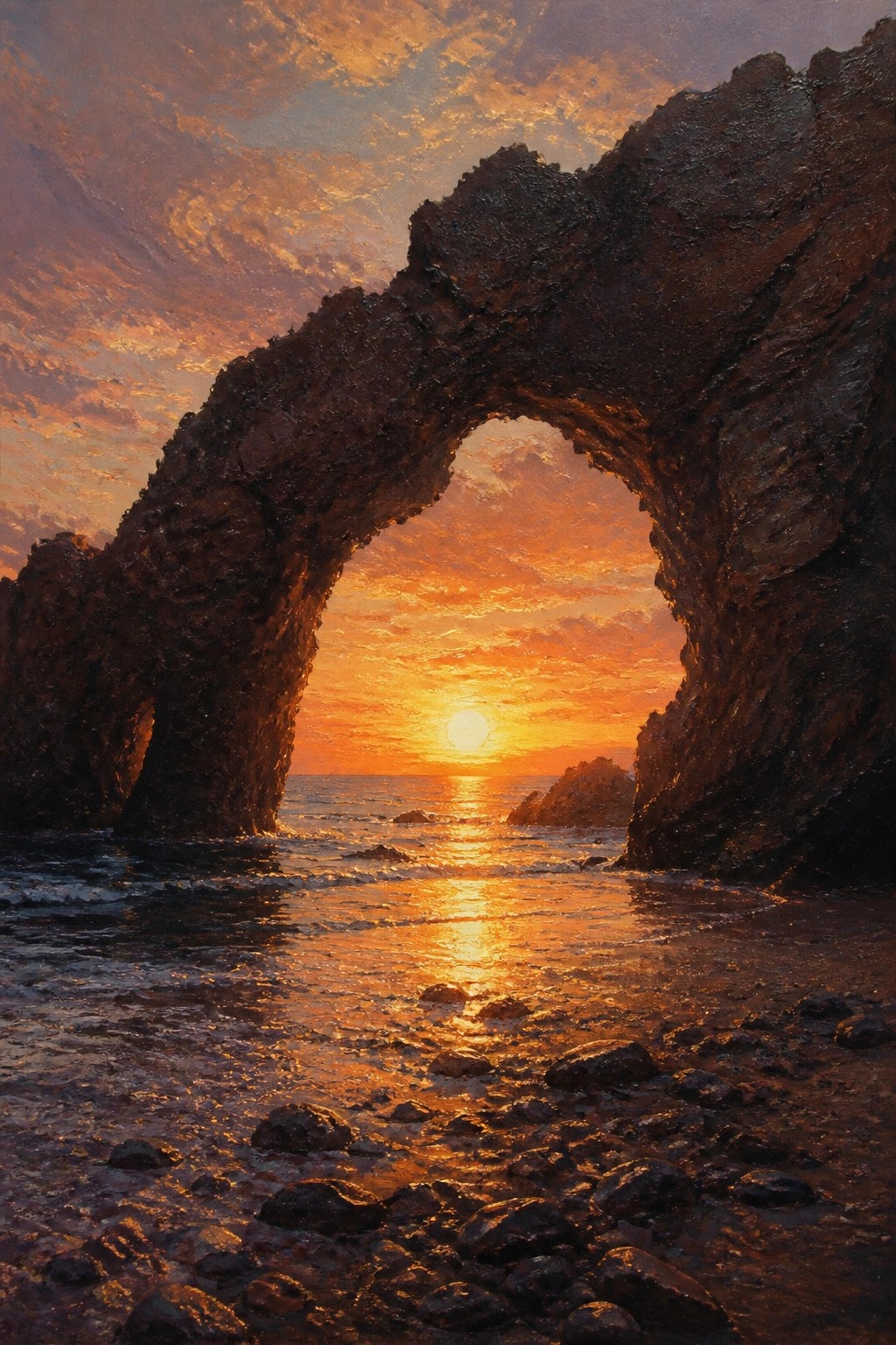 Oil painting of a sunset viewed through a large rock arch on a rocky beach with reflections on the water.