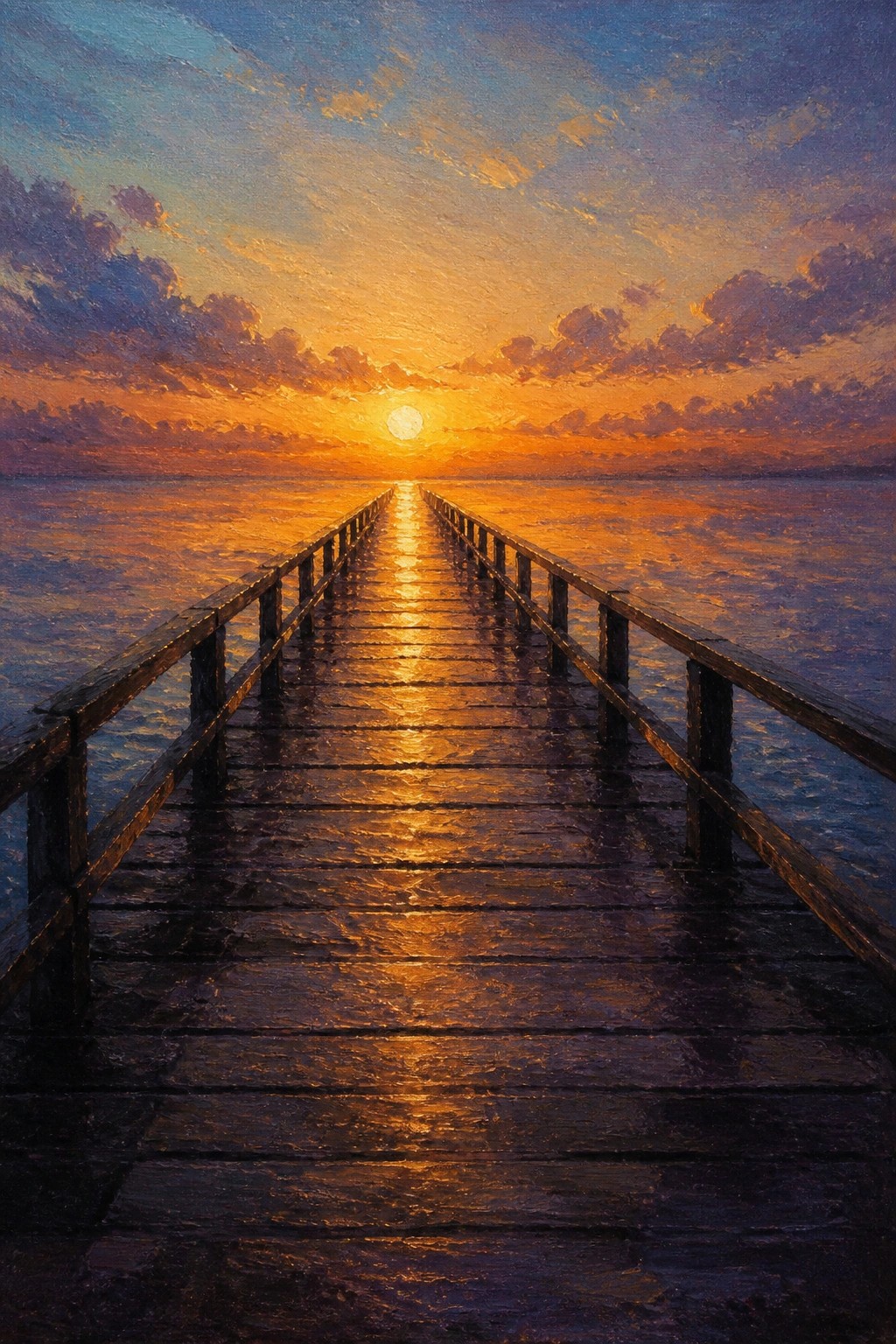 Vibrant oil painting of wooden pier extending into golden ocean sunset with reflections.