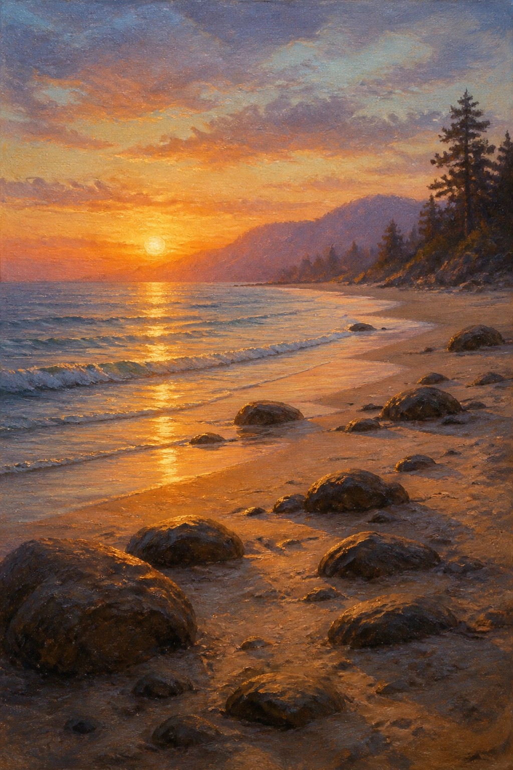 Sunset over ocean with golden reflections, waves, and rocks on sandy beach