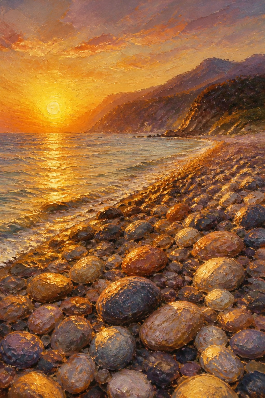 Vibrant oil painting of golden sunset reflecting on sea beside pebble beach with mountains.