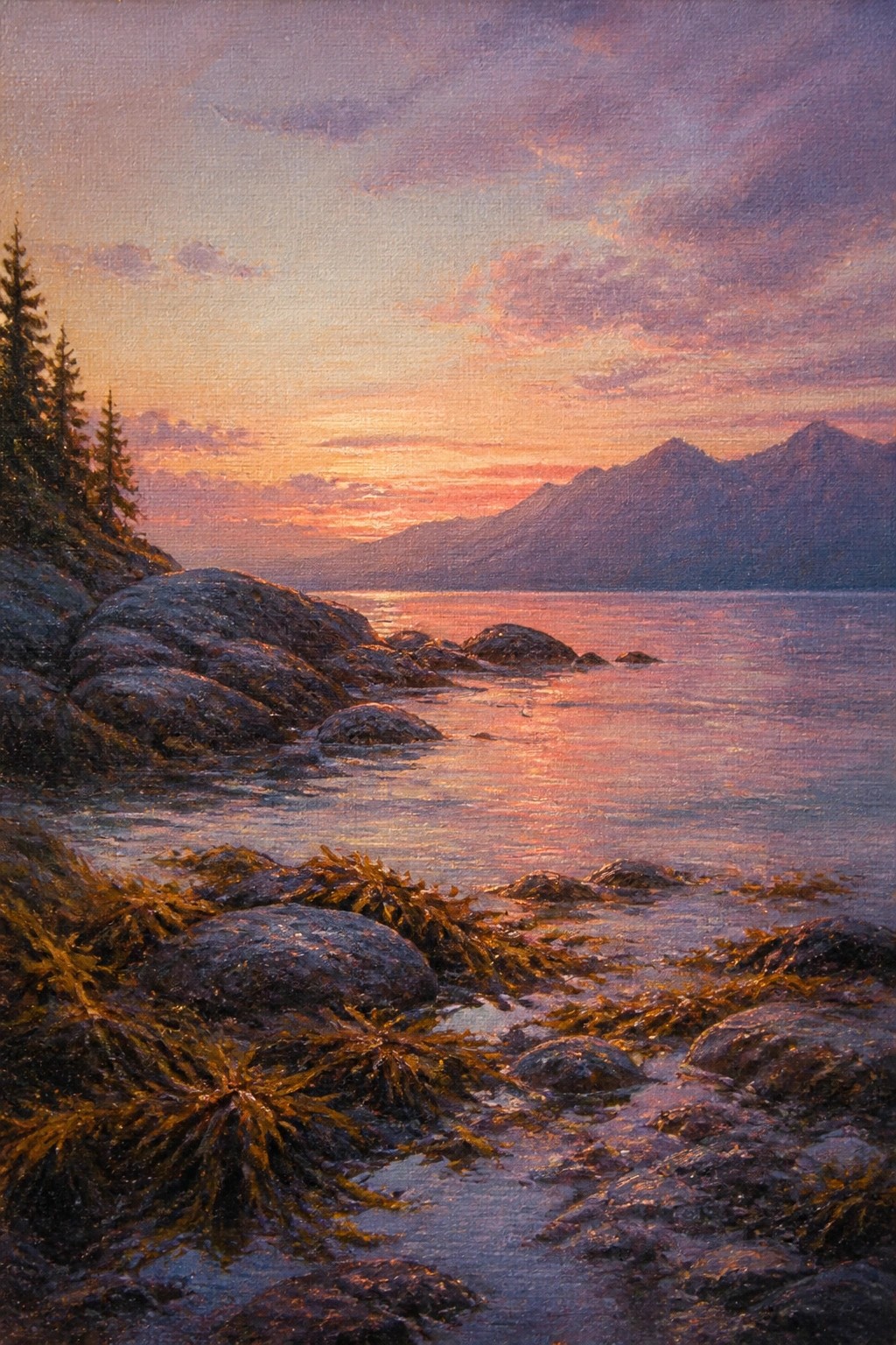 Rocky shoreline at vibrant sunset with pine trees, seaweed, and mountain reflections on water