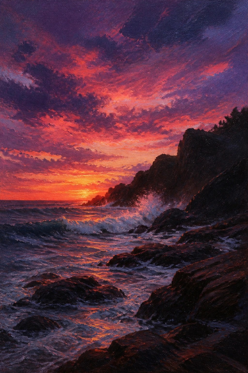 Realistic painting of waves crashing on rocks beneath a fiery red sunset sky