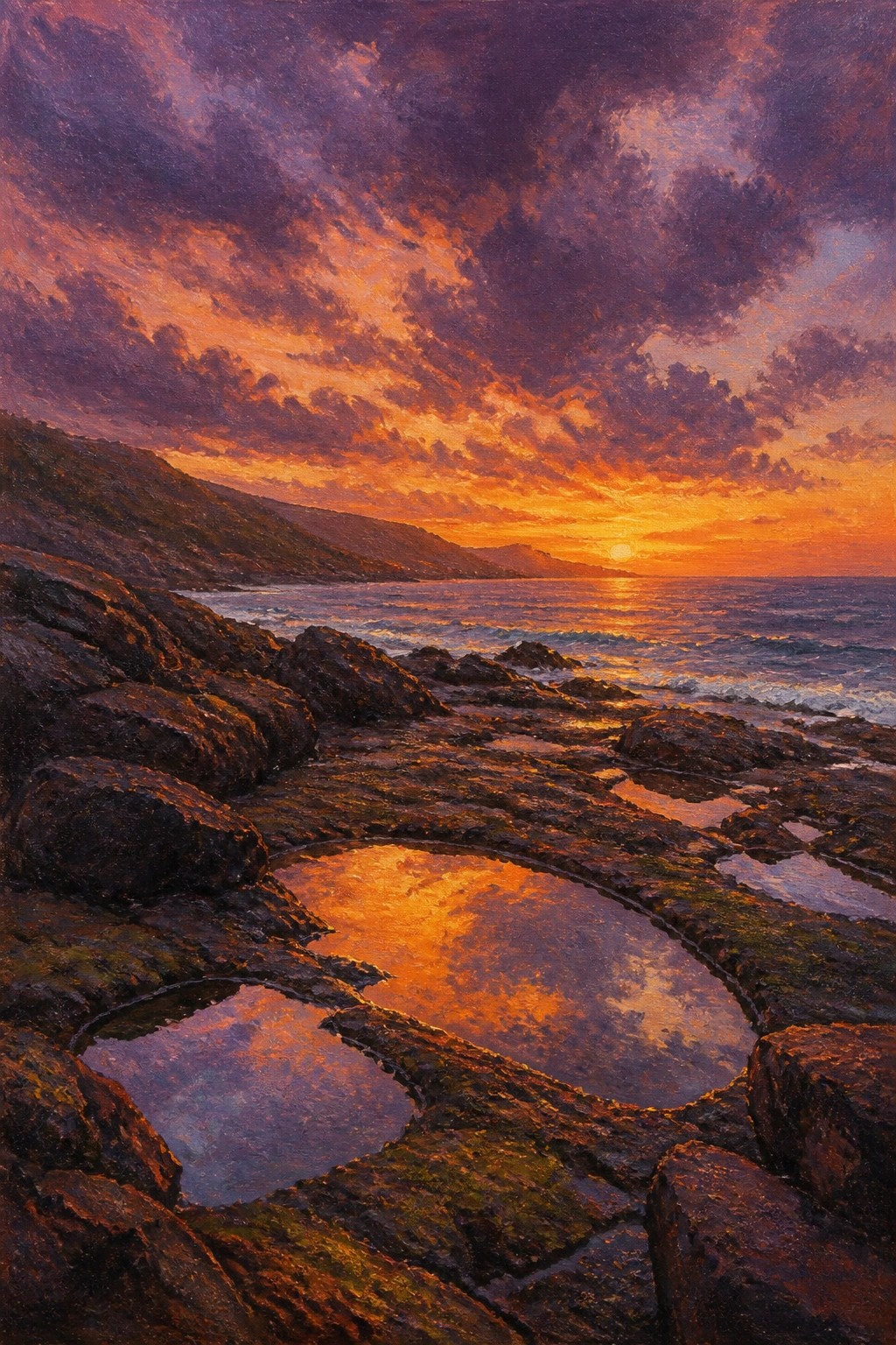 Dramatic sunset over rocky shoreline with glowing tide pools reflecting orange-purple skies.