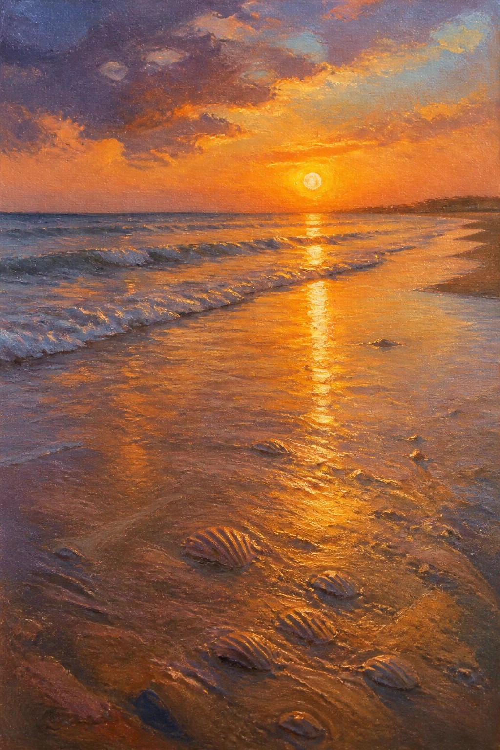 Sunset painting over ocean with golden sun reflection, waves, and seashells on sand.