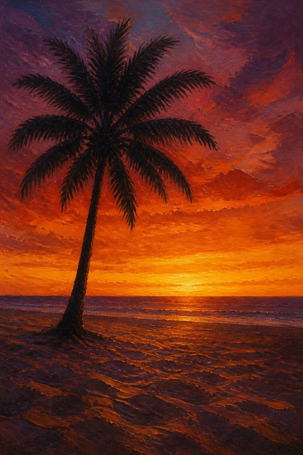 Silhouetted palm tree on beach under vibrant orange-purple sunset sky with waves