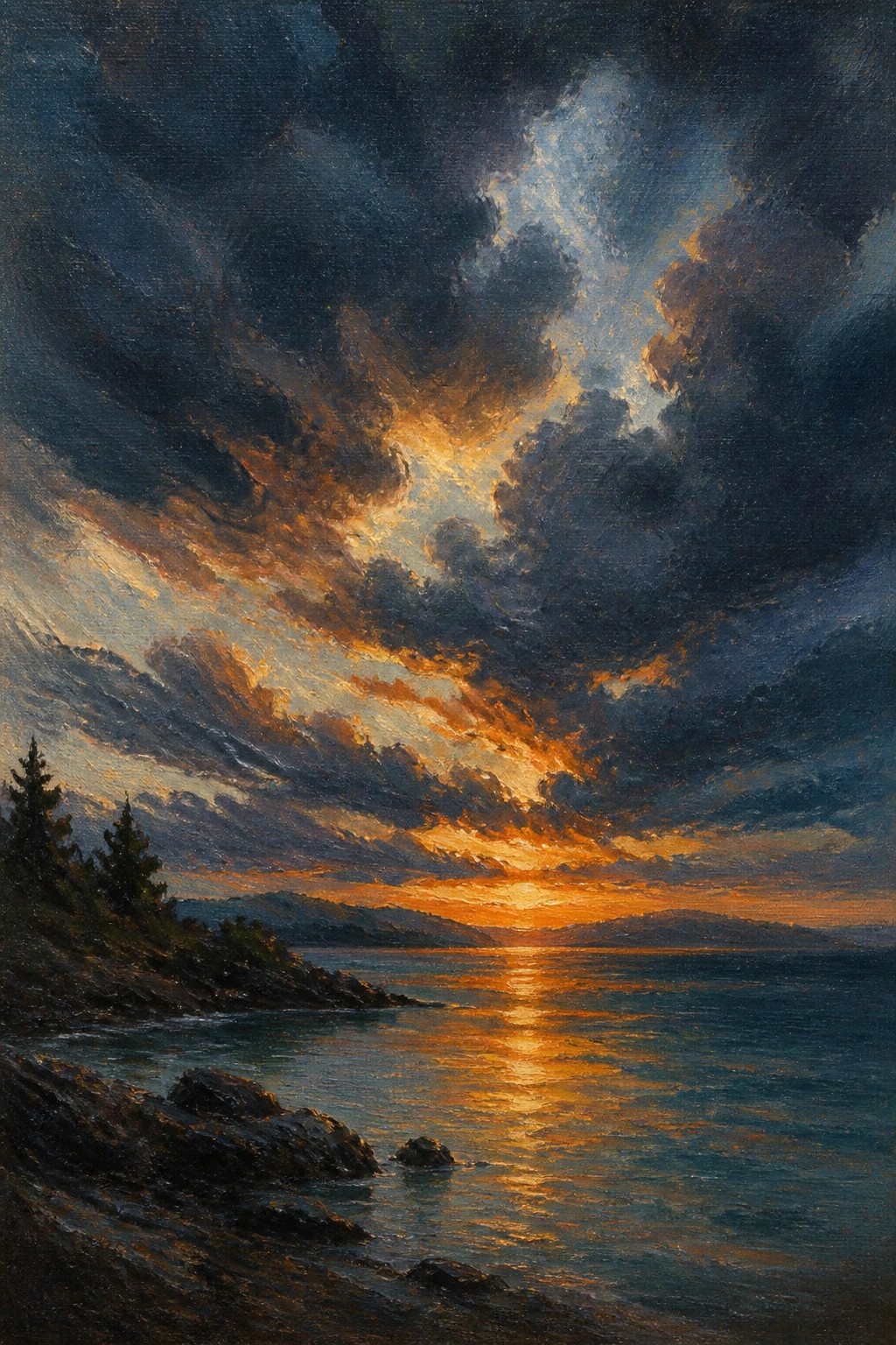 An oil painting of a sunset over the sea with dark stormy clouds and bright orange light reflecting on the water above a rocky shoreline.