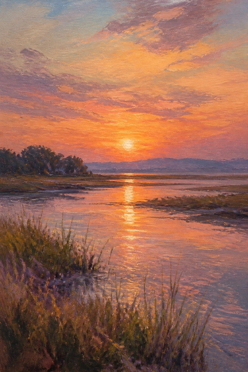 Vibrant sunset painting over calm water with orange-pink sky and grassy marsh foreground.