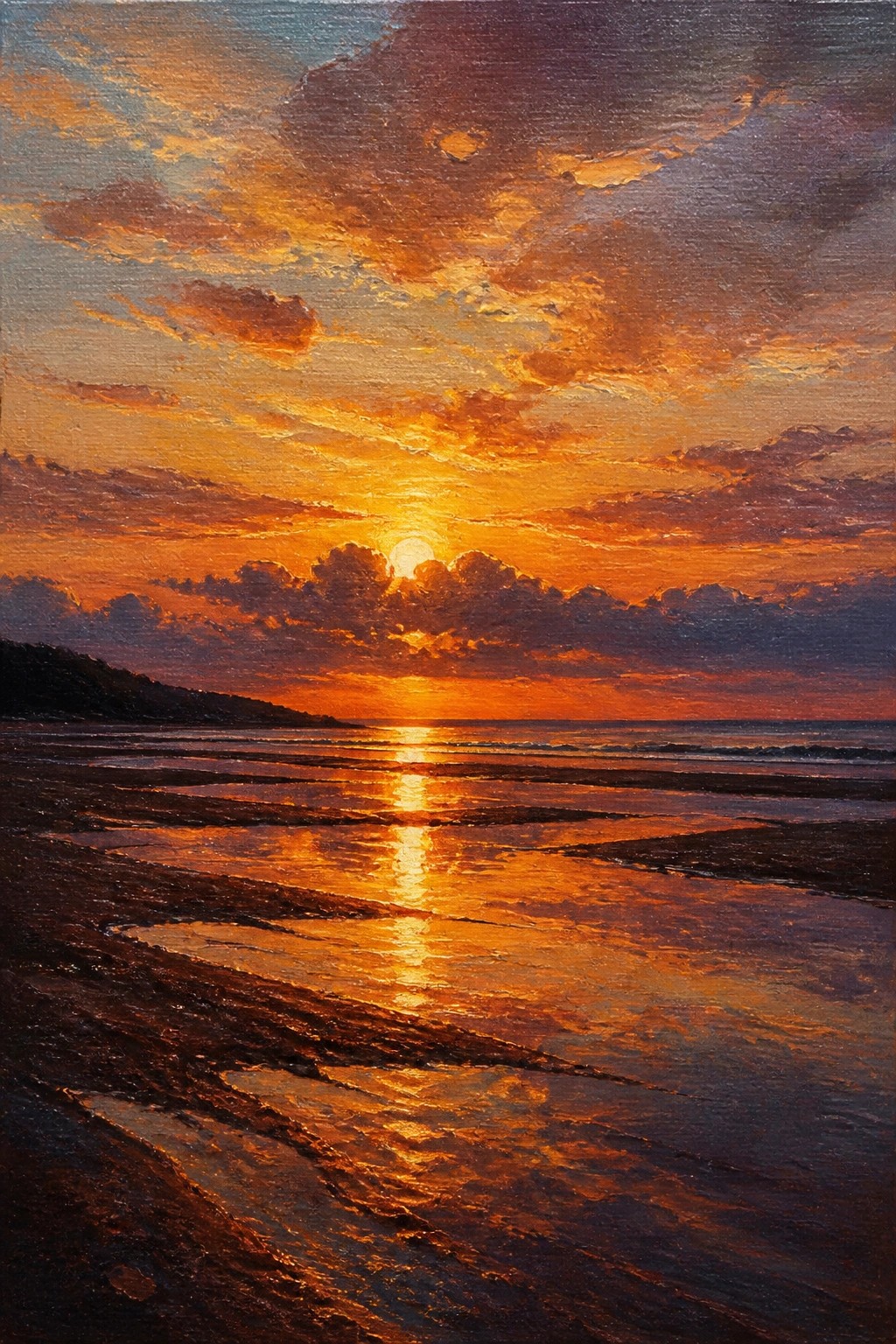 Dramatic ocean sunset with vibrant orange clouds and golden reflections on wet sand.