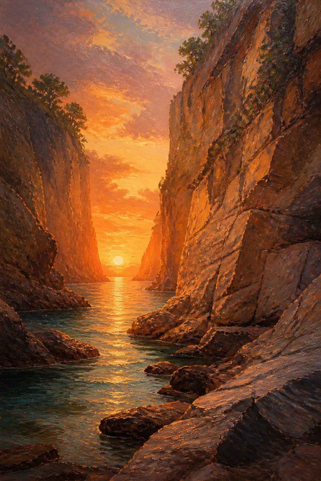 An oil painting of a sunset over water viewed between two steep rocky cliffs with trees on top.