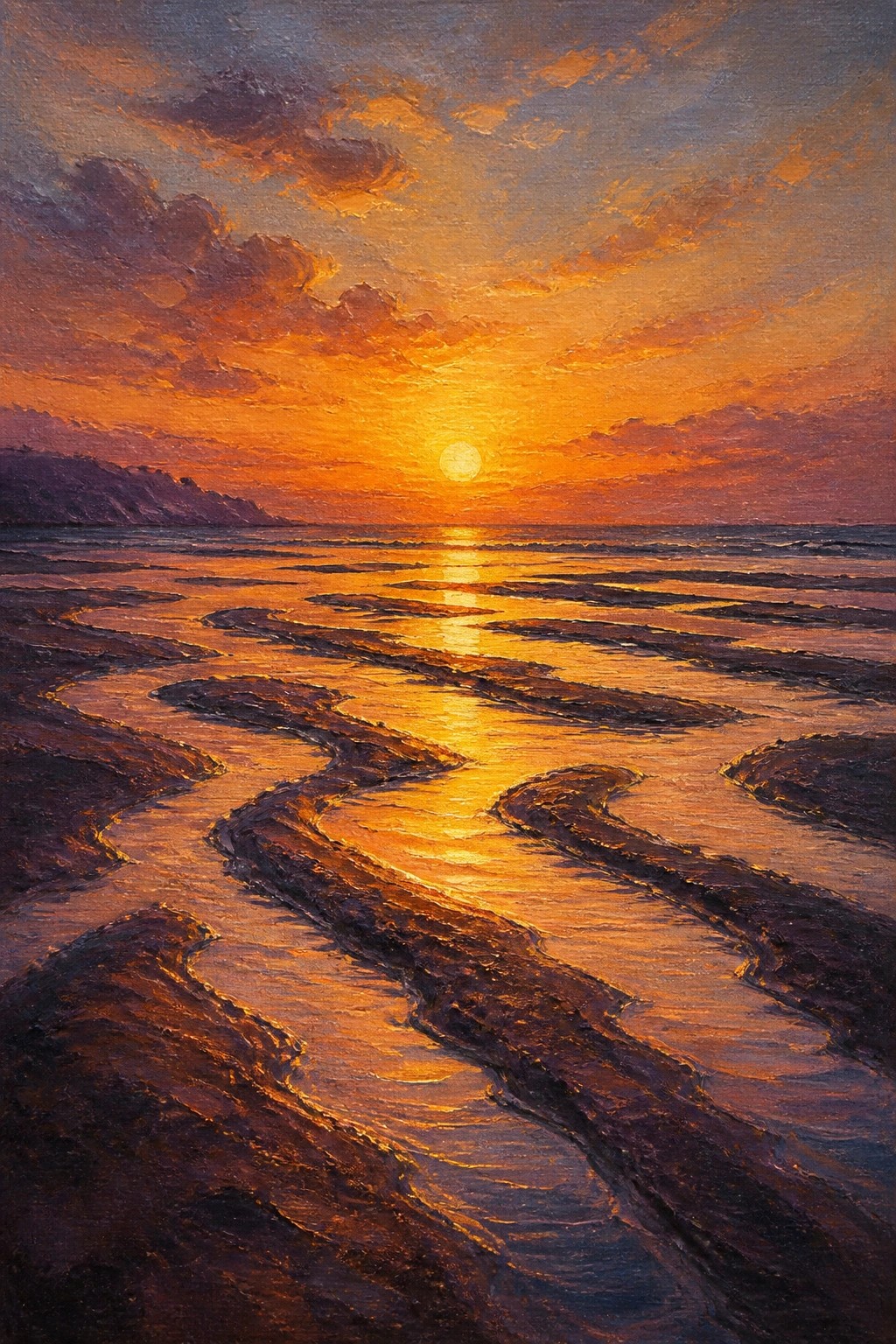 Dramatic sunset painting with orange sun reflecting in winding beach tidal streams