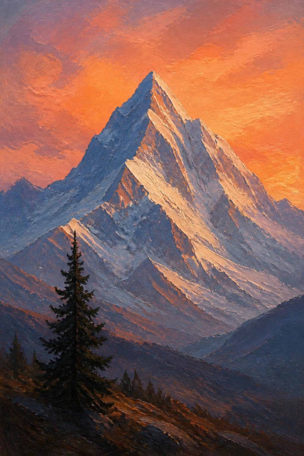 Dramatic oil painting of snow-capped mountain peak under vibrant orange sunset sky with pine trees.